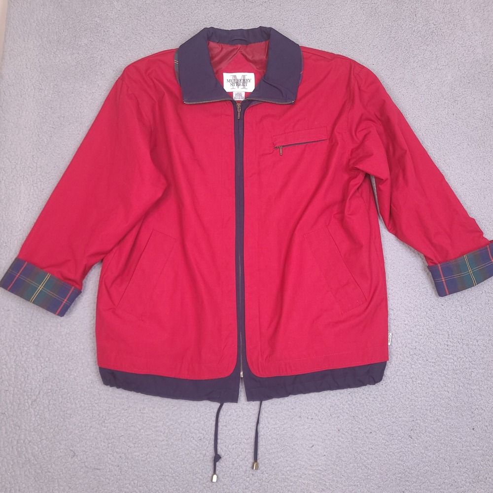 Vintage Mulberry Street Coat Womens Large Red Lined Bomber Jacket Zip 3/4 Sleeve